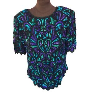 Laurence Kazar Vintage Silk Sequin Beaded Blouse Teal Purple Green Plus Size 1X
